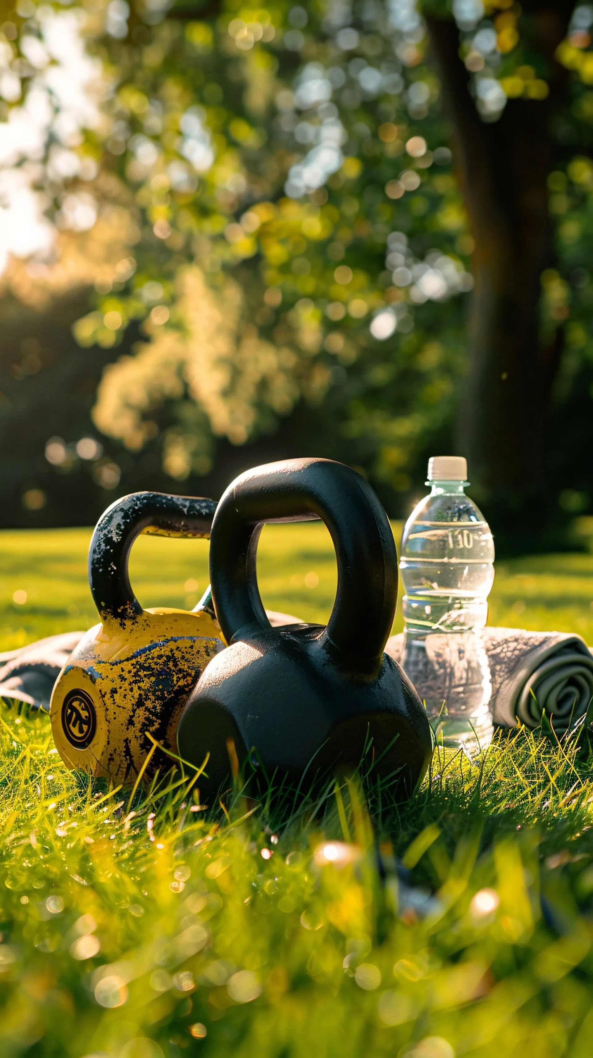 Kettlebells y material de entrenamiento al amanecer